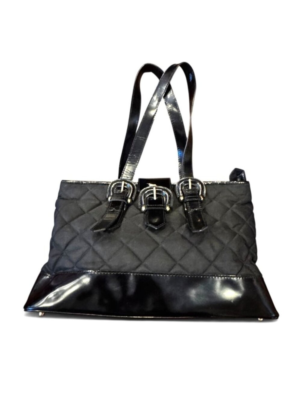 Burberry Quilted Nylon Patent Leather Triple Buckle Tote Bag Black Italy Y2K